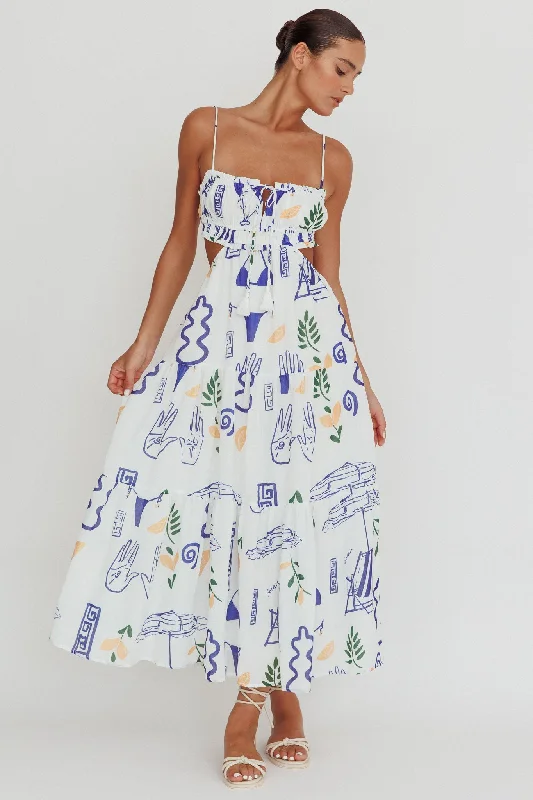 Eyona Cut-Out Back Print Maxi Dress White Unique Women's Upcycled