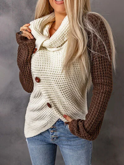 Contrast Decorative Button Turtleneck Sweater Dapper Women's Bow - adorned