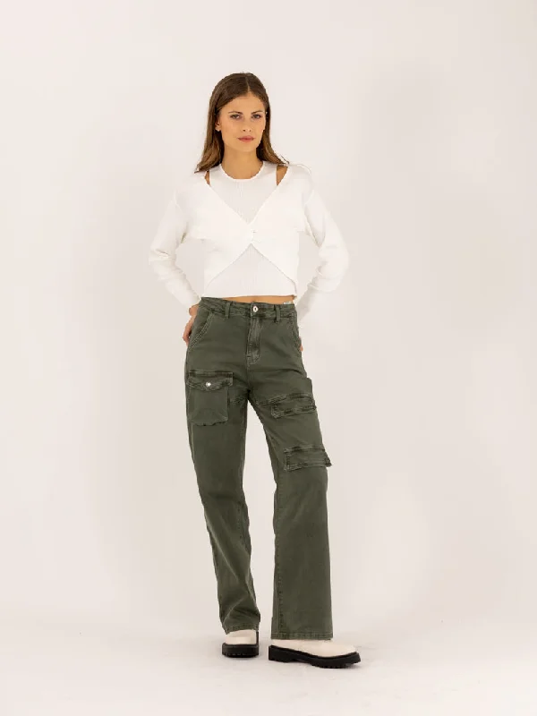 Jean cargo droit kaki Relaxed Women's 