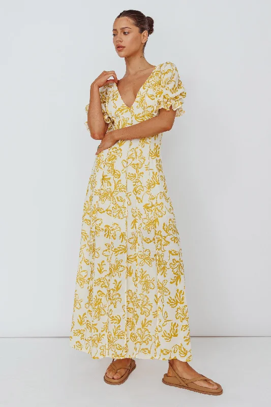 Sitting Pretty Pintuck Pleat Puff Sleeve Dress Yellow Sophisticated Women's Tailored