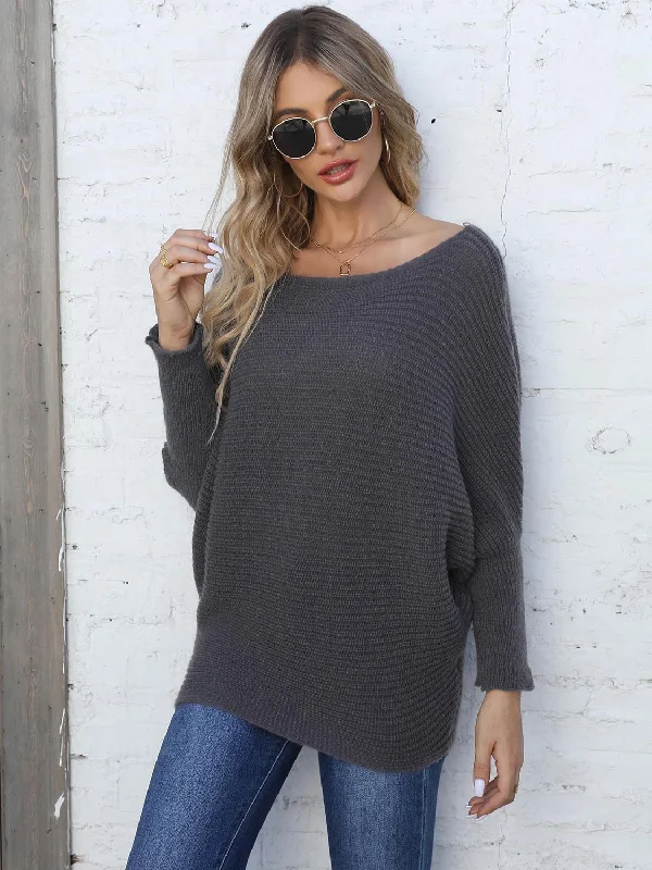 Full Size Horizontal Ribbing Dolman Sleeve Sweater Laid - back Women's Vibe