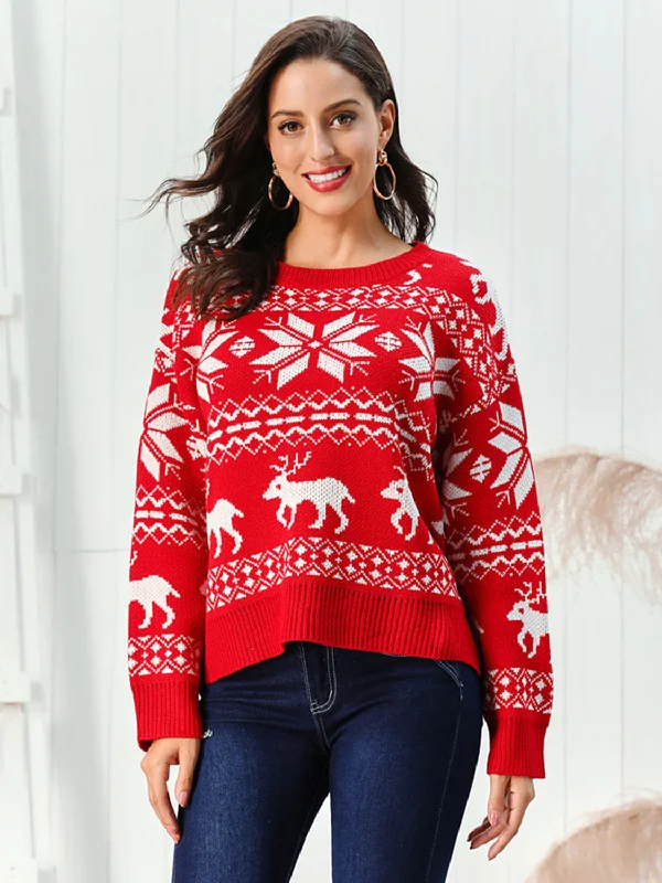 Reindeer & Snowflake Round Neck Sweater Elegant Women's 