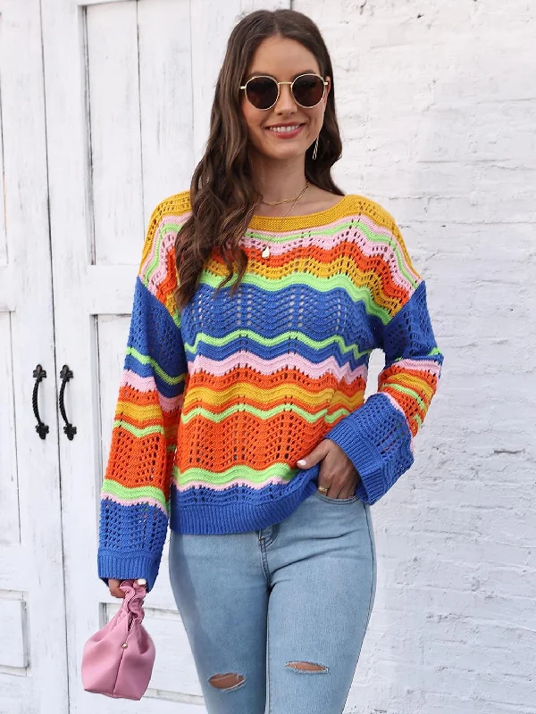 Openwork Round Neck Knit Top Practical Women's Quick - dry