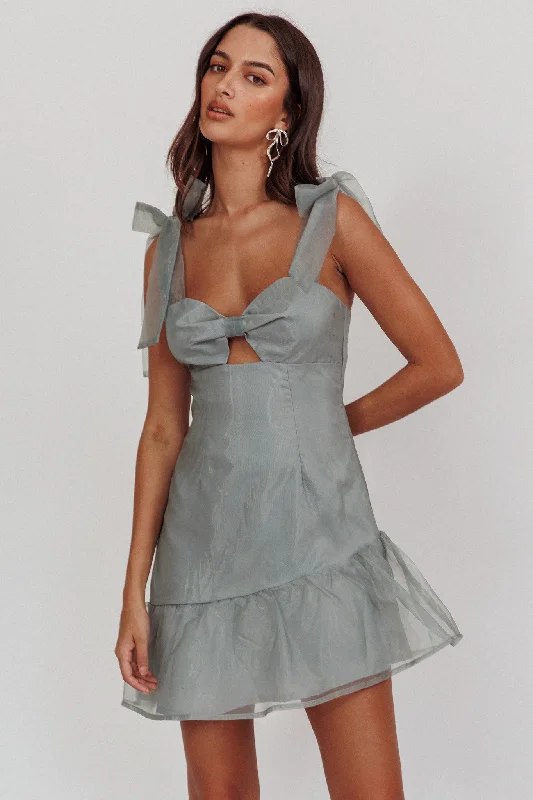 Alexia Bow Shoulder Ruffle Hem Mini Dress Sage Monochromatic Office Style