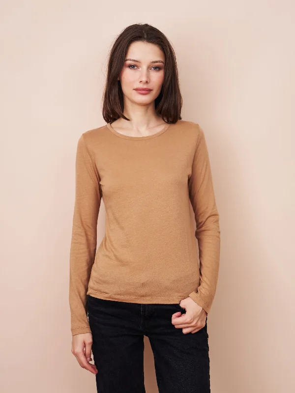 Majestic Long Sleeve Cotton/Cashmere Crewneck Tee in Tan Trendy Women's Oversized