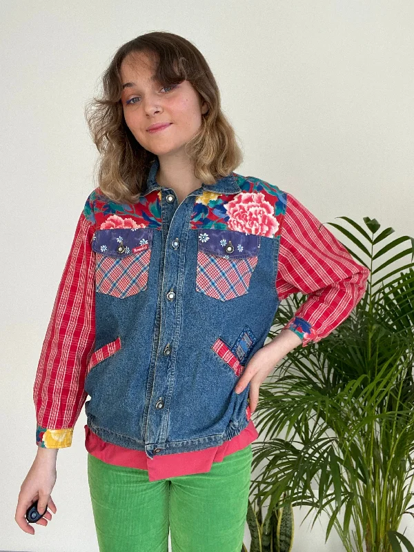 Vintage Floral Denim Jacket Sleek Women's Metallic