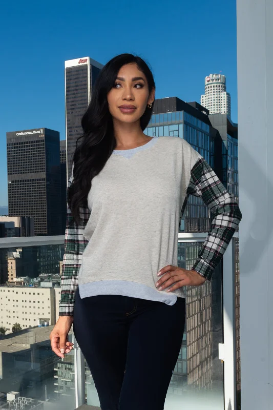 Double Trouble' Color Block Round Neck Long Sleeve Top  With Plaid Print on Sleeves and Back (146229) Modern Women's Tech