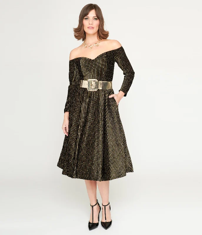 Collectif Black & Gold Glitter Striped Anjelica Swing Dress Feminine Women's Style 