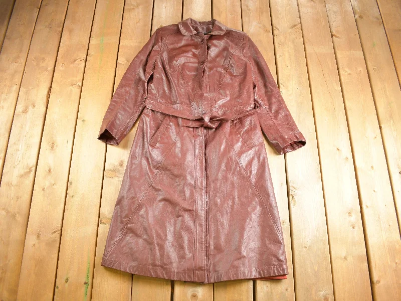 Vintage 1970s Genuine Red Leather Button Down Trench Coat Geometric