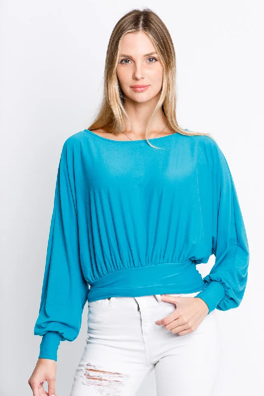 Long Cuff Sleeve Boat Neck Top in Teal (FL19H454) Classic Women's Tweed