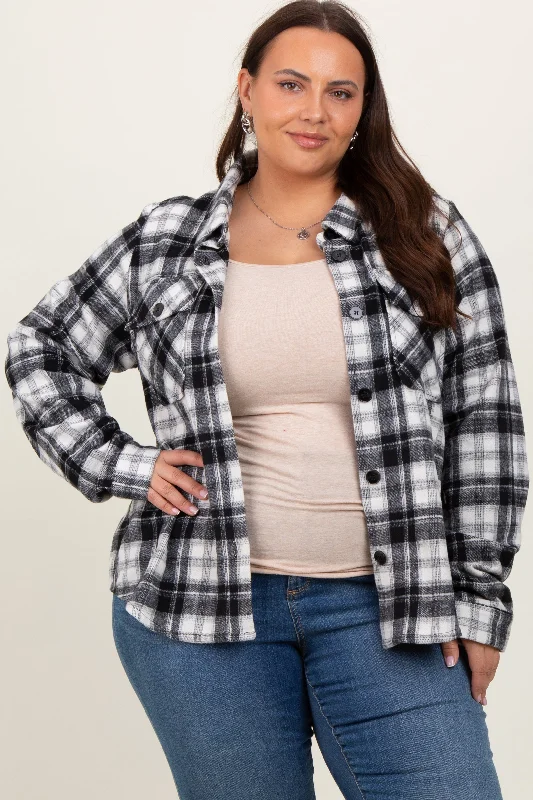 Black Plaid Button Down Plus Flannel Tough Women's Military - inspired