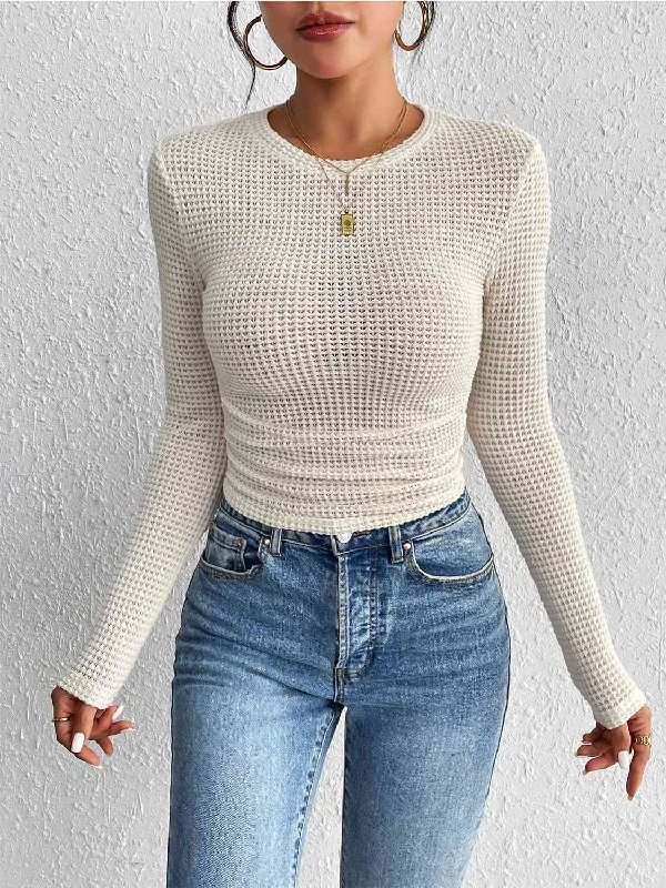 Round Neck Ruched Knit Top Relaxed Women's Beachy