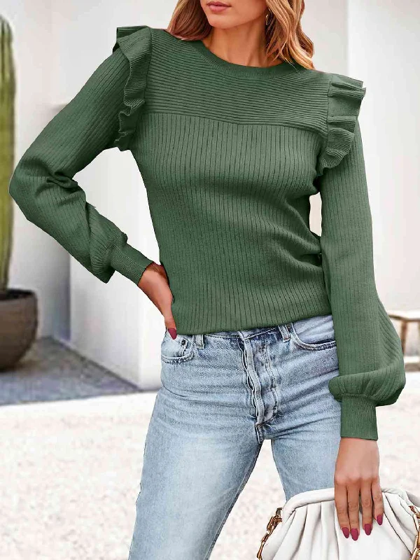 Ribbed Ruffled Round Neck Long Sleeve Knit-Top Refined Women's Classic 