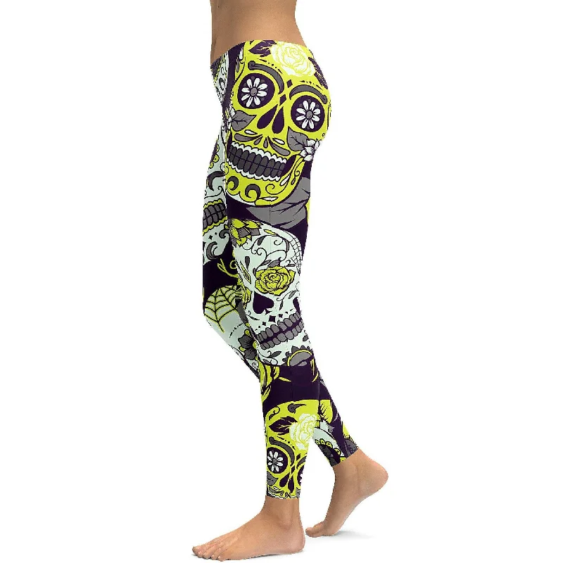 Sassy Yellow Sugar Skull Leggings Stylish Women's Tropical 