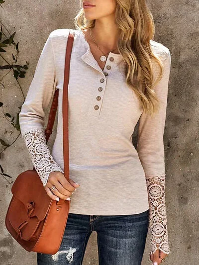 Lace Detail Half Button Long Sleve Knit Top Earthy Women's Hemp - based