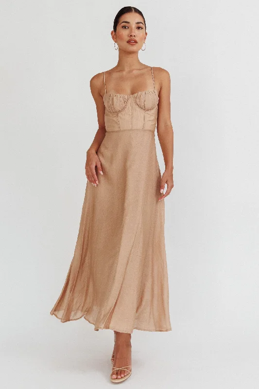 Echoes Tied Back A-Line Midi Dress Taupe Refined Women's Hand - crafted