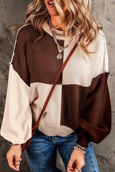 Color Block Exposed Seam Dropped Shoulder Sweater Athletic Women's High - 