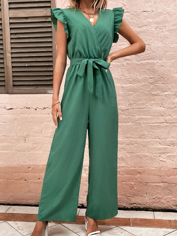 Ruffled Surplice Cap Sleeve Jumpsuit Hip Women's Retro