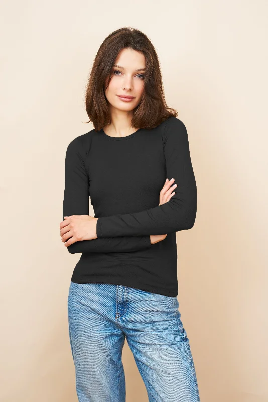 Majestic Long Sleeve Soft Touch Viscose Crewneck in Noir Sleek Women's 