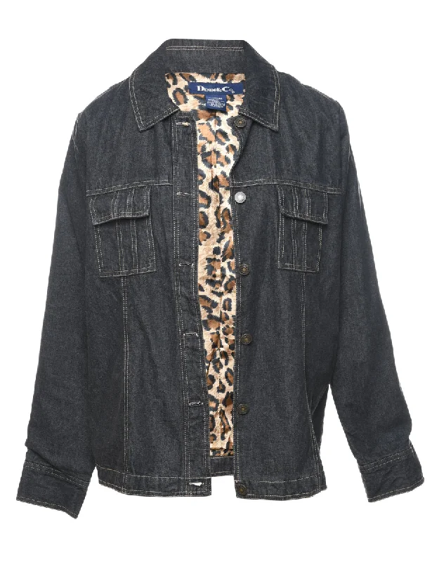 Black & Leopard Print Contrast Lined Denim Jacket - M Sporty Women's Athleisure 