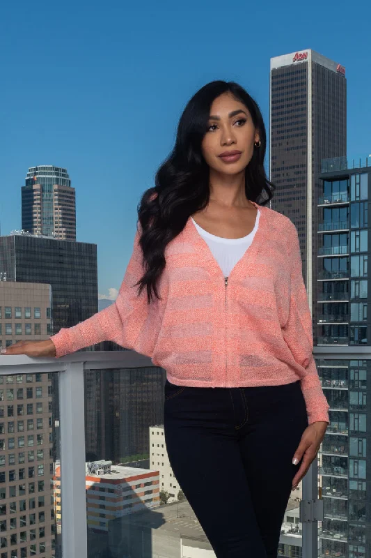 Zip Front 3/4 Sleeve Light Knit Dolman V-Neck Top (146000) Feminine Women's Soft 