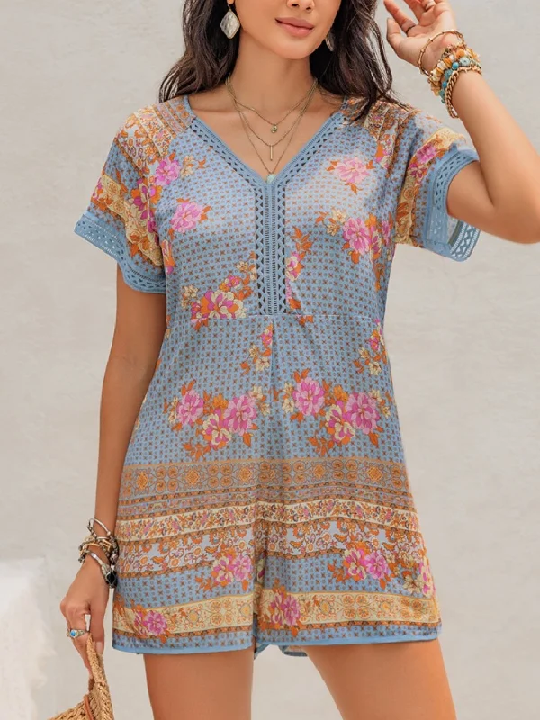 Printed V-Neck Short Sleeve Romper Vacation