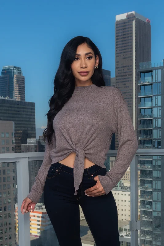 Soft Long Sleeve Round Neck Top W/ Fake Buttons on Shoulders & Front Bow Tie (TB4285C) Sophisticated Women's 