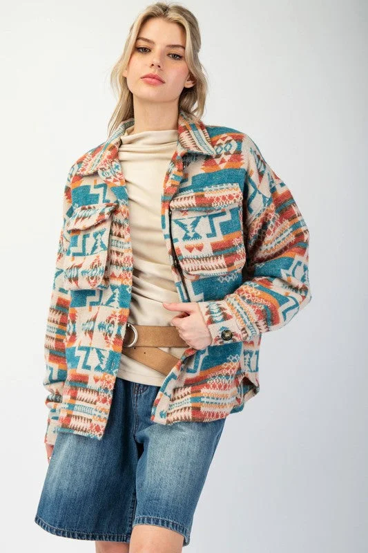 Ethnic Print Button Down Fleece Shacked Preppy Women's College