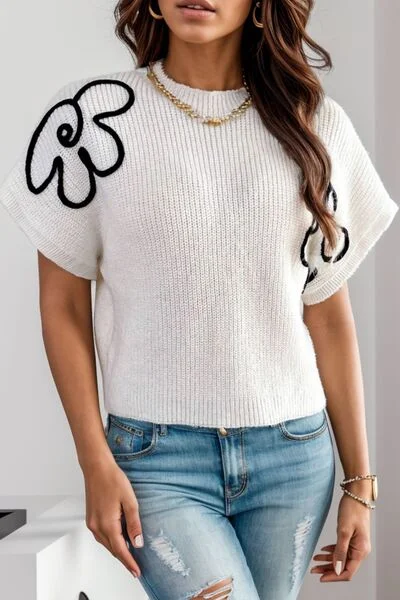 Flower Round Neck Short Sleeve Sweater Sporty Women's Athleisure 