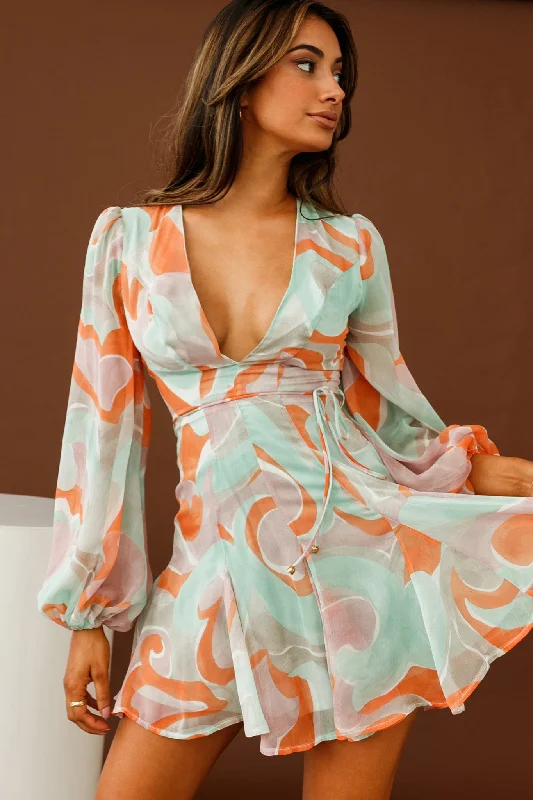 Estelle Long Sleeve V-Neckline Dress Swirl Print Orange/Mint British Gentlewoman Style