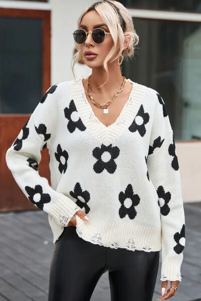 Flower Distressed V-Neck Dropped Shoulder Sweater Sophisticated Women's Tailored