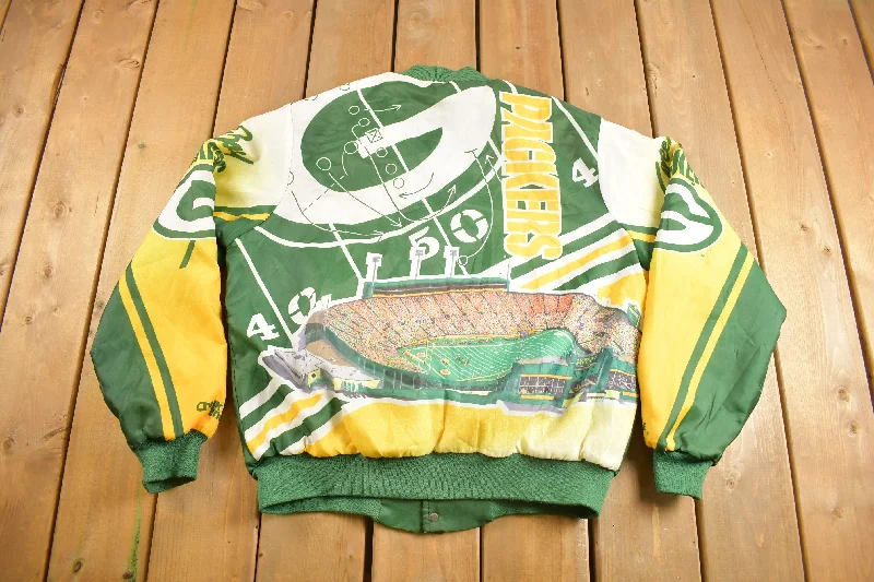 Vintage 1980s Green Bay Packers NFL Chalkline All Over Print Jacket Stylish Women's Neon