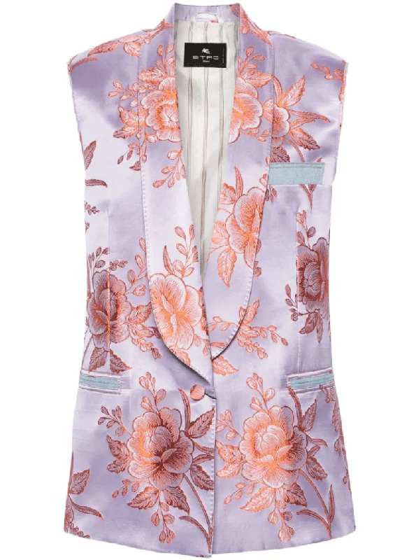 floral-jacquard sleeveless blazer Edgy Women's Punk
