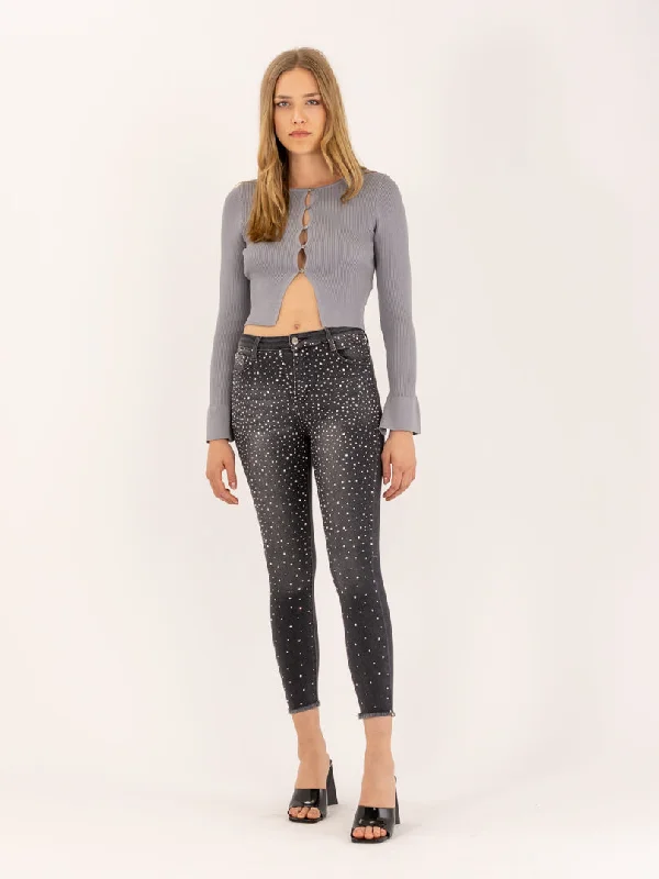 Jean skinny gris broderie de cristaux Relaxed Women's 