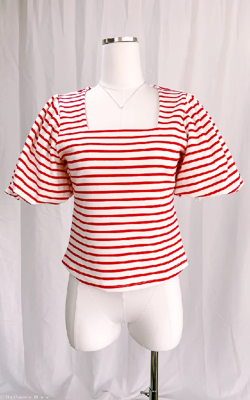 Merideth Red and White Striped Puff Sleeve Top Contemporary 