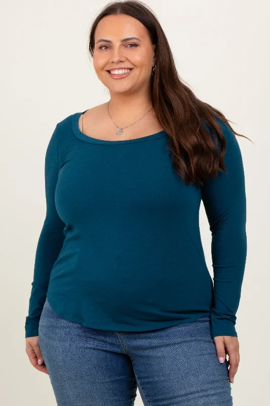 Dark Teal Basic Long Sleeve Plus Top Athletic Women's High - 