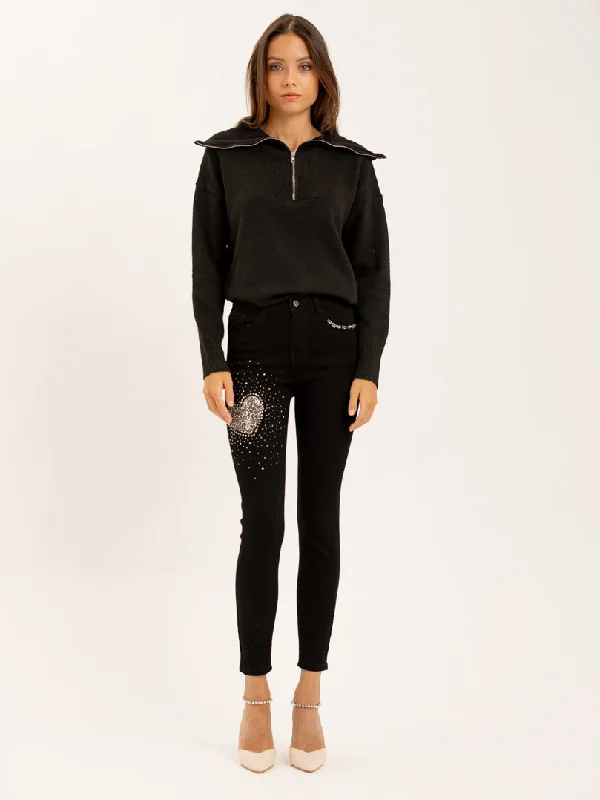 Jean skinny orné de cristaux forme cœur Casual Women's Japanese 