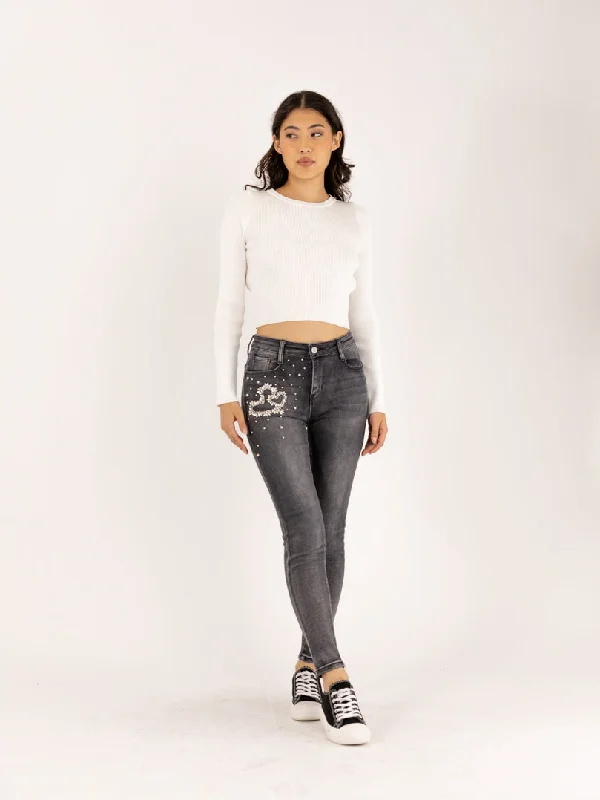 Jean skinny gris broderie de strass motif cœur Monochromatic All - in - one