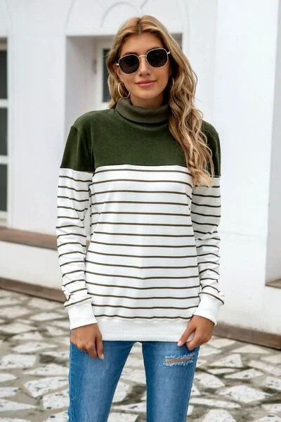 Striped Contrast Turtleneck Sweater Rugged Women's Outdoor 