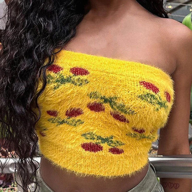 Fluffy Cherry Intarsia Pattern Ribbed Knit Cropped Tube Top Cozy Women's Winter