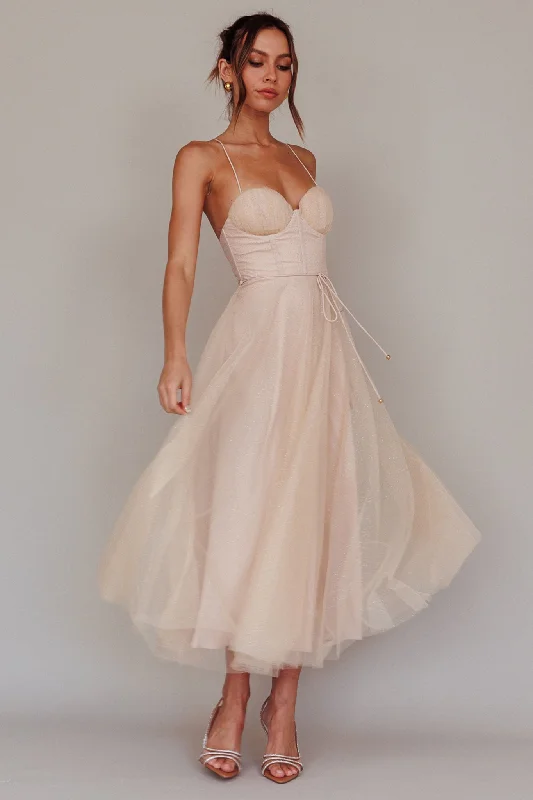 Smitten Sweetheart Neckline Chiffon Midi Dress Champagne Casual Women's Loose - fitting