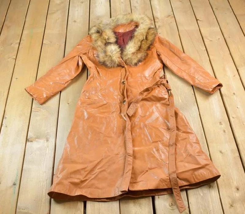 Vintage 1970s Genuine Leather Fox Fur Collar Trench Coat Modern Women's 