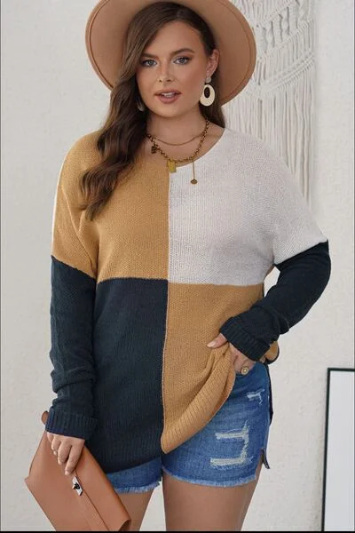 Plus Size Color Block Round Neck Sweater Earthy Women's Hemp - based