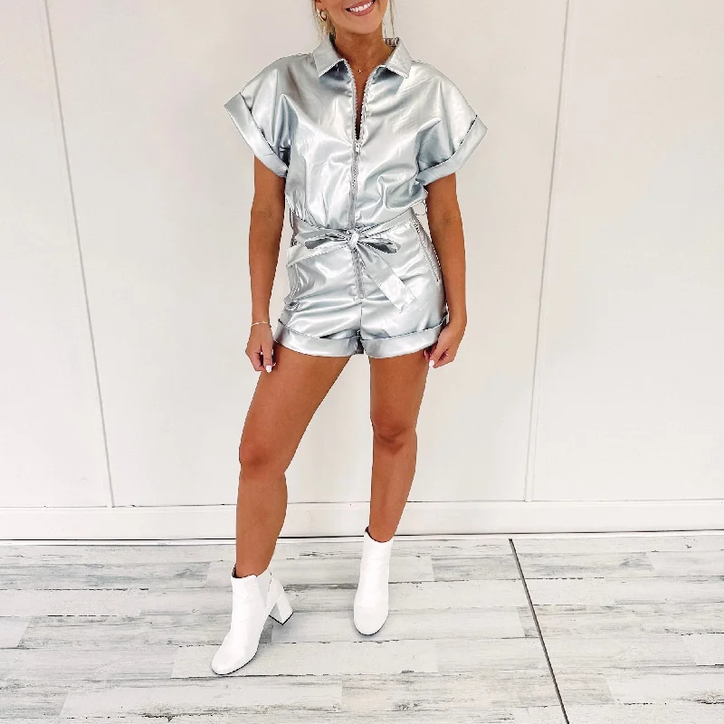 Kelsey Faux Leather Romper - Silver Sophisticated Women's 