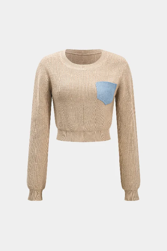 Patchwork Pocket Sweater Long-Sleeve Top Trendy Women's Oversized