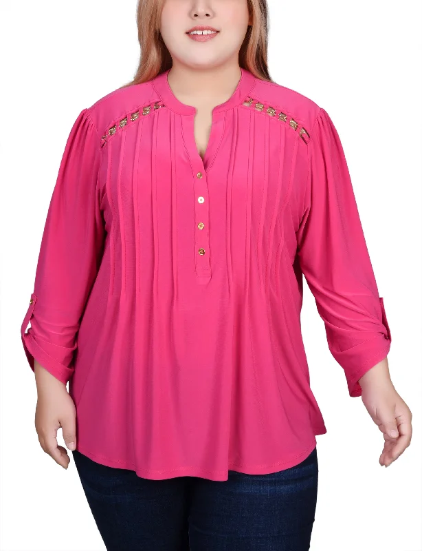 Plus Size Long Sleeve Pintuck Front Top With Chain Details purpose
