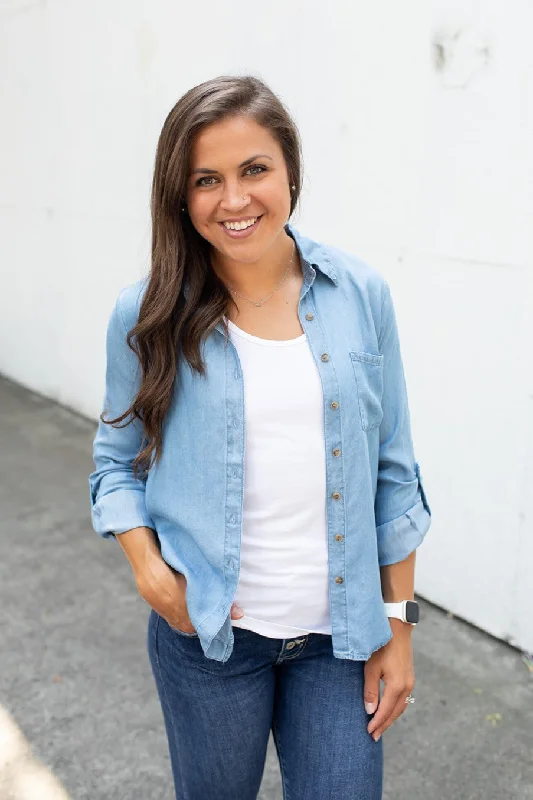 Chambray Roll Tab Button Up LS Top Sustainable Organic