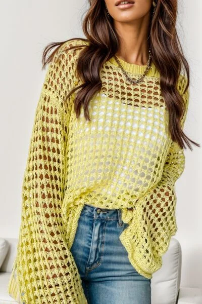 Openwork Round Neck Dropped Shoulder Knit Top Hip Women's Urban