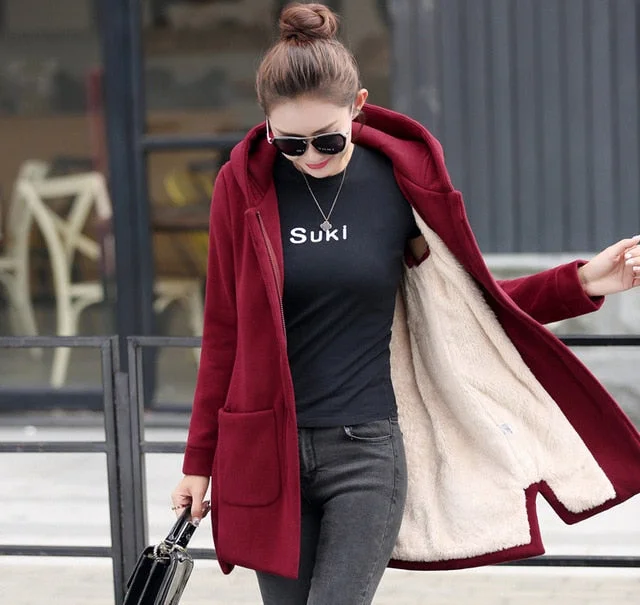 NEW AUTUMN WINTER WOMEN'S FLEECE JACKET LONG HOODED COATS OUTERWEAR WARM THICK WOMEN'S RED SLIM FIT HOODIES JACKETS Youthful Women's Anime - inspired