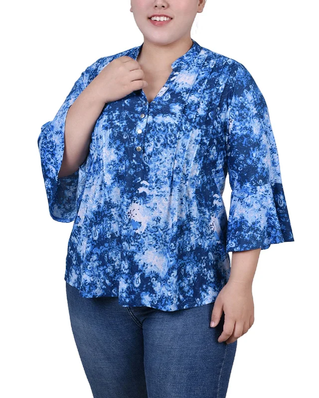 Plus Size 3/4 Bell Sleeve Pleat Front Y Neck Top Cozy Women's Winter